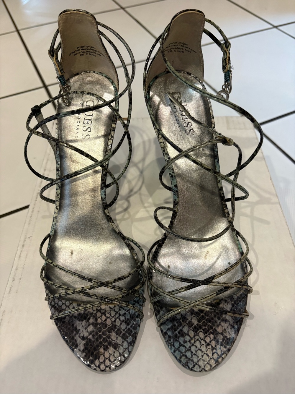 Free With Any Purchase! GUC Guess Mauve Gray/Turquoise Snake-Print Lace-Up Heels